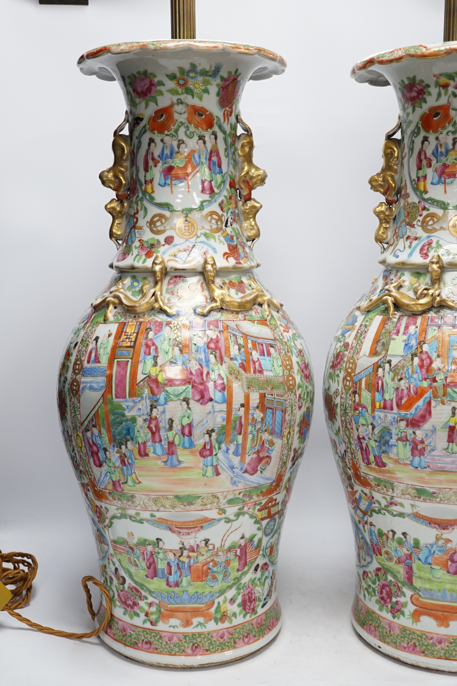 A pair of 19th century large Chinese Canton vases mounted as lamps, 59cm excluding lamp fittings